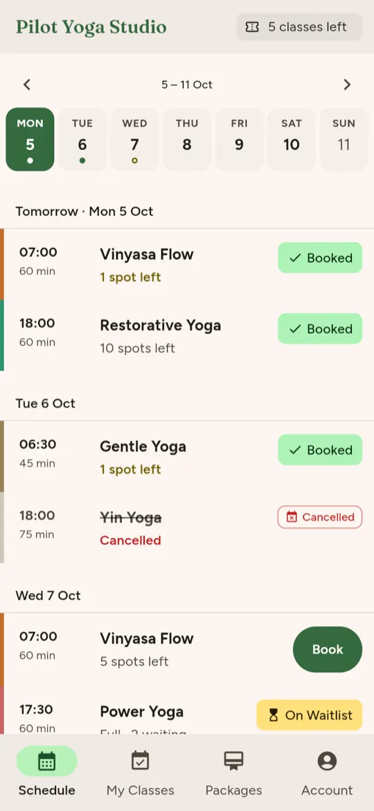 Classy's member schedule for a sample yoga studio: a week strip and a list of classes with Booked, Book and Waitlist buttons.
