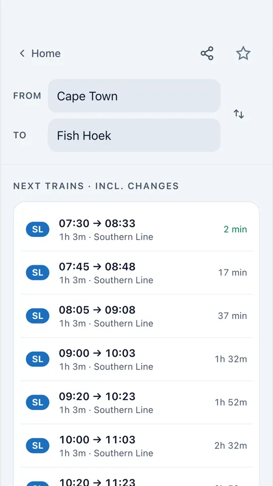 The journey planner in light mode, showing trains from Cape Town to Fish Hoek with departure, arrival and travel times.