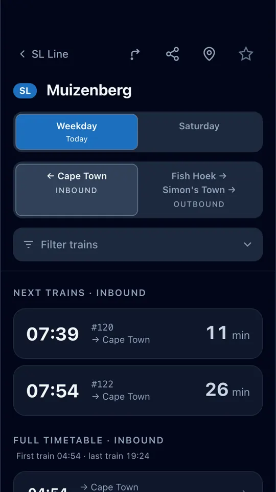 Kaapse Train Times in dark mode, listing the next inbound trains from Muizenberg to Cape Town with minutes to departure.